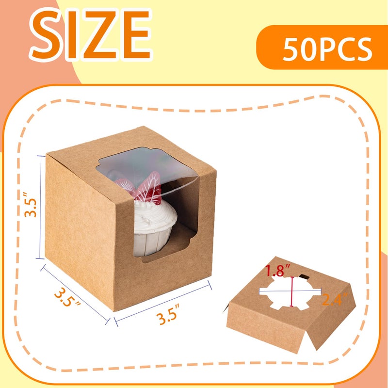 BOOMIBOO 50 Pack Individual Cupcake Containers, Cupcake Boxes with Window, Food Grade Cupcake Holders with Inserts, Stackable Deep Cupcake Carrier Easy Transport and Presentation (Brown) - Image 2
